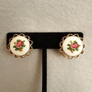 Vintage cross stitch rose earrings